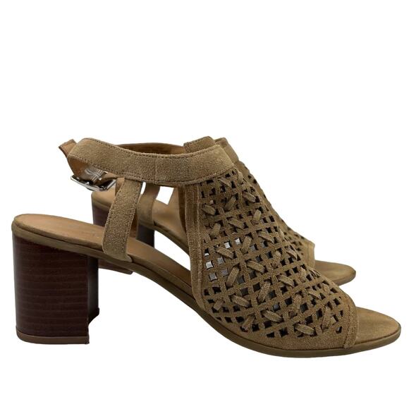 Franco Sarto Harlet 3 Block Heel Peep Toe Sandal sz 10 Suede Leather Taupe Beige - Picture 2 of 10